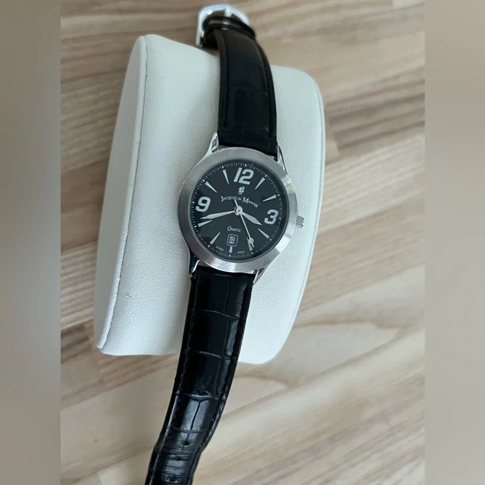 Jacques Du Manoir Ladies Watch Rare Black Leather Strap Date Window Quartz